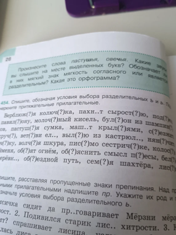 454. Спишите, обозначая условия выбора разделительных ъ и ь. Подчеркните притяжательные прилагательные.