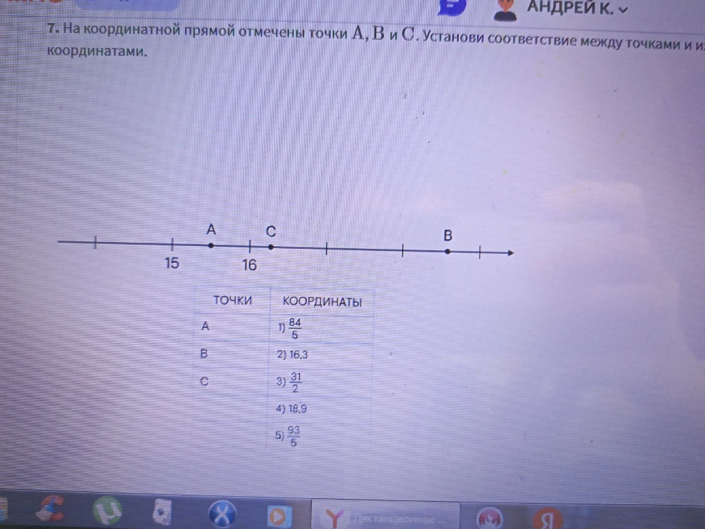 На координатной прямой отмечены точки A, B и C. Установи соответствие между точками и их координатами.
