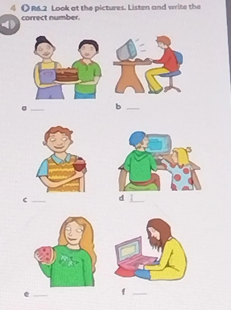 Look at the pictures. Listen and write the correct number.