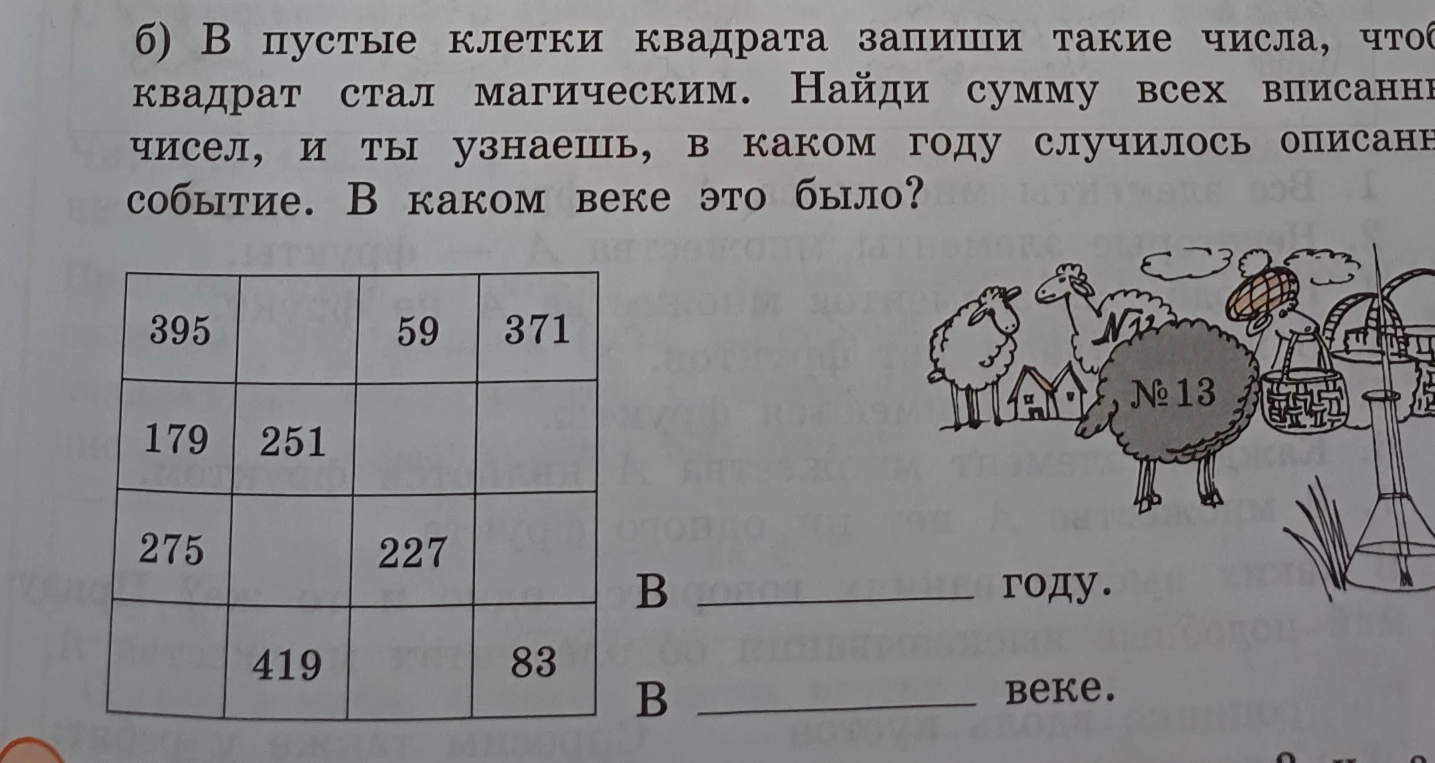 В пустые клетки квадрата запиши такие числа, чтобы квадрат стал магическим. Найди сумму всех вписанных чисел, и ты узнаешь, в каком году случилось описанное событие. В каком веке это было?