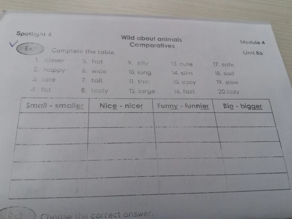 Complete the table: clever, happy, late, fat, hot, wide, tall, tasty, silly, long, thin, large, cute, slim, easy, fast, safe, sad, slow, lazy.