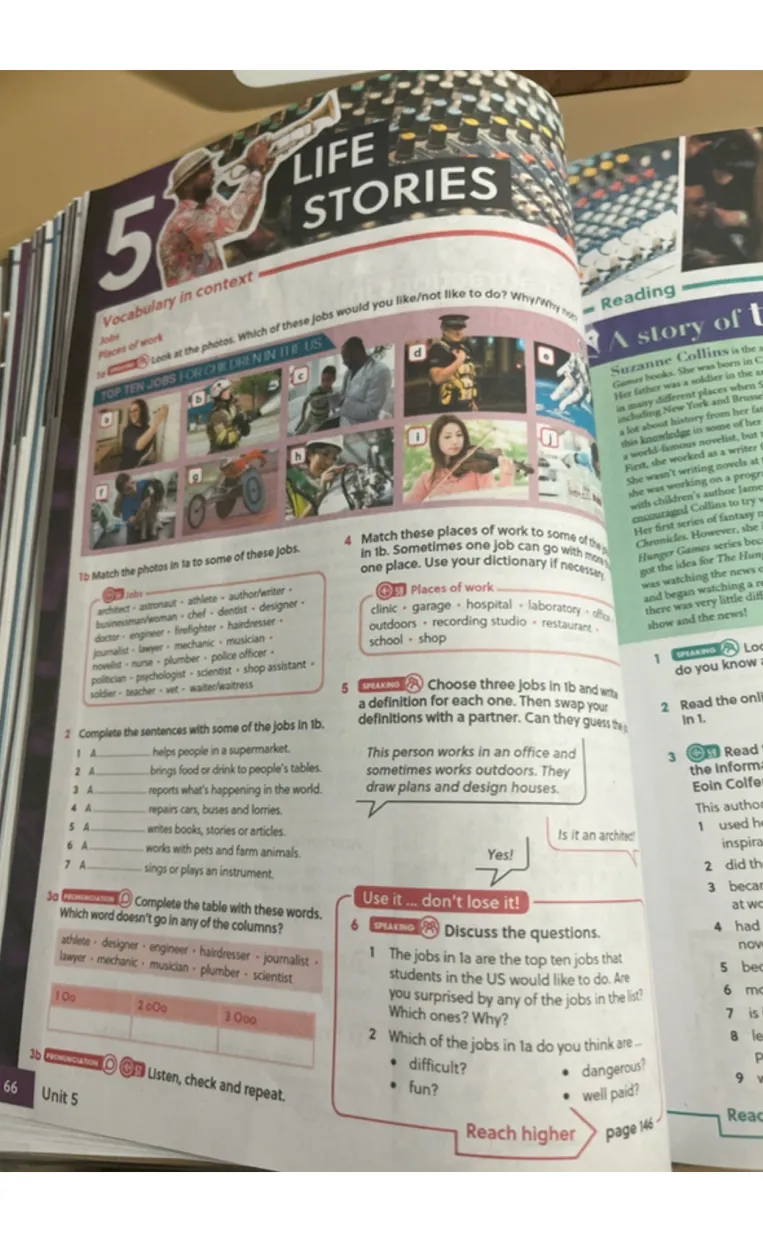 Complete the tasks from the textbook page: matching photos to jobs, completing sentences, categorizing words by stress, and matching jobs to places of work.