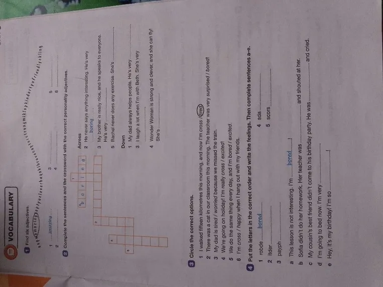 Find six adjectives. Complete the sentences and the crossword with the correct personality adjectives. Circle the correct options. Put the letters in the correct order and write the feelings.