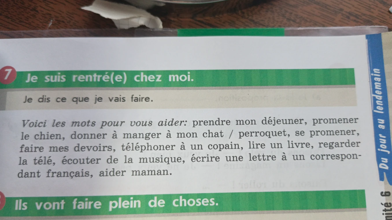 Je suis rentré(e) chez moi. Je dis ce que je vais faire.