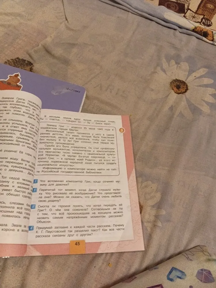 Ответьте на вопросы по рассказу К. Г. Паустовского «Корзина с еловыми шишками» (задания 1-4 на стр. 45).