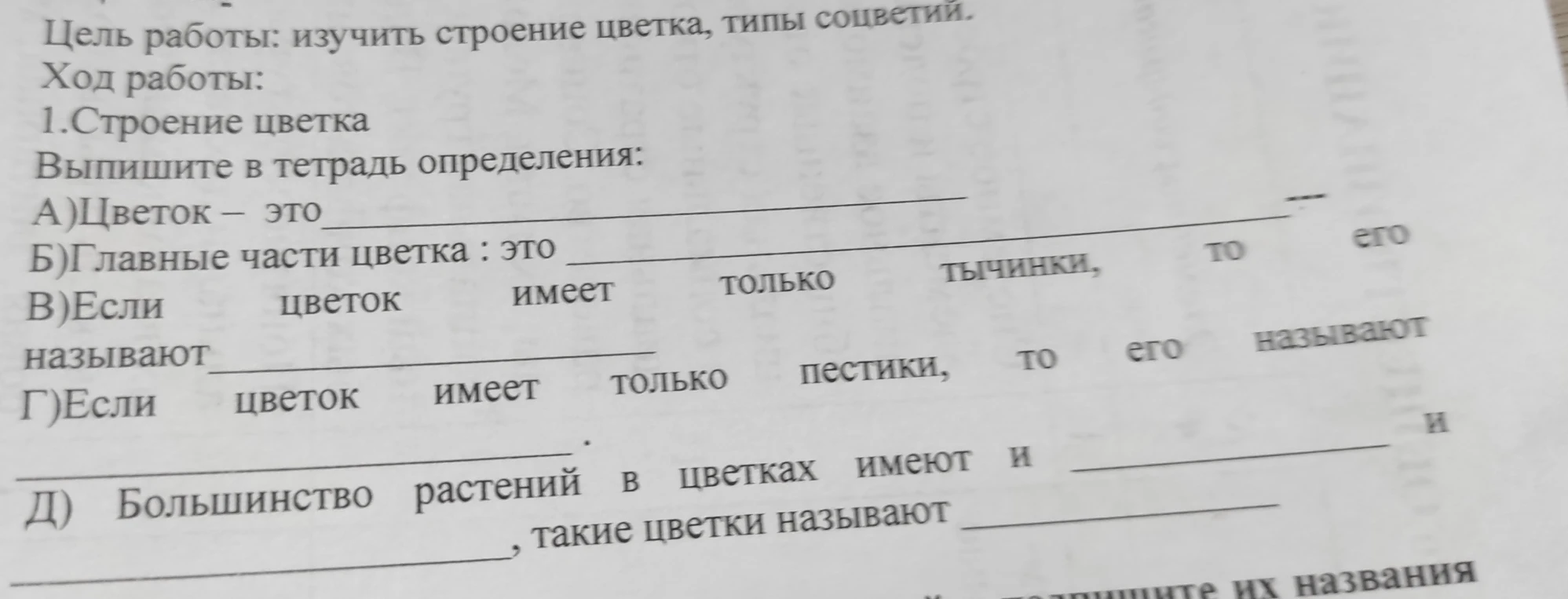 Цель работы: изучить строение цветка, типы соцветий. Заполните определения: Цветок — это..., Главные части цветка..., Если цветок имеет только тычинки..., Если цветок имеет только пестики..., Большинство растений в цветках имеют...