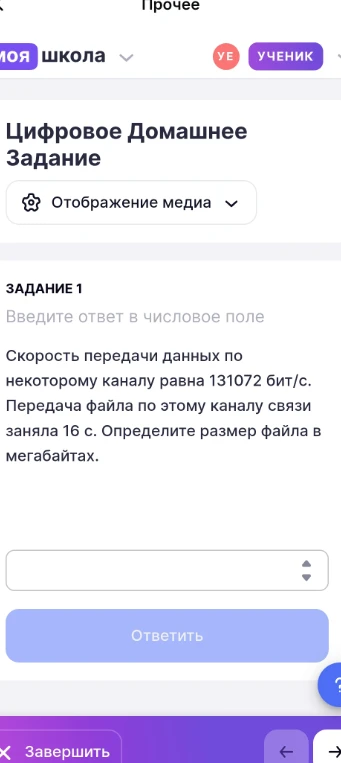 Скорость передачи данных по некоторому каналу равна 131072 бит/с. Передача файла по этому каналу связи заняла 16 с. Определите размер файла в мегабайтах.