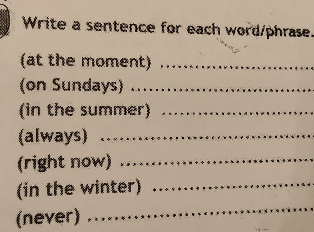 Write a sentence for each word/phrase: (at the moment), (on Sundays), (in the summer), (always), (right now), (in the winter), (never)