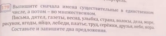 Выпишите сначала имена существительные в единственном числе, а потом — во множественном. Составьте и запишите два предложения.