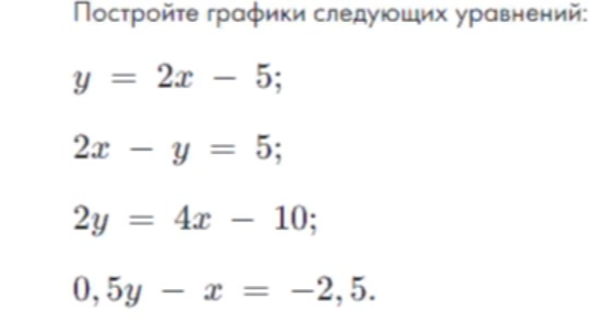 Постройте графики следующих уравнений: y = 2x - 5; 2x - y = 5; 2y = 4x - 10; 0,5y - x = -2,5.