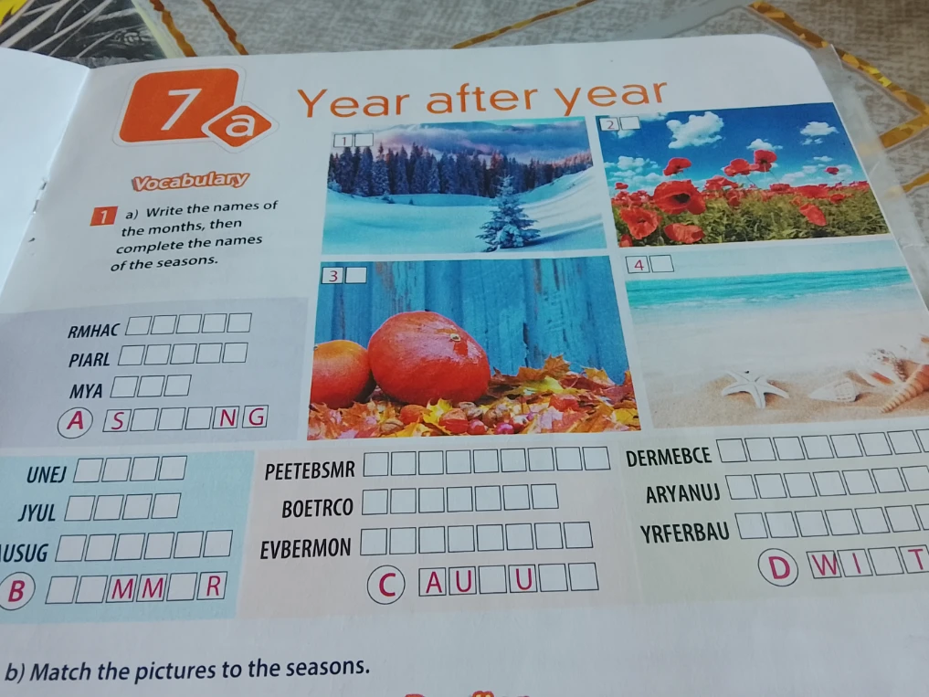 Write the names of the months, then complete the names of the seasons. Match the pictures to the seasons.