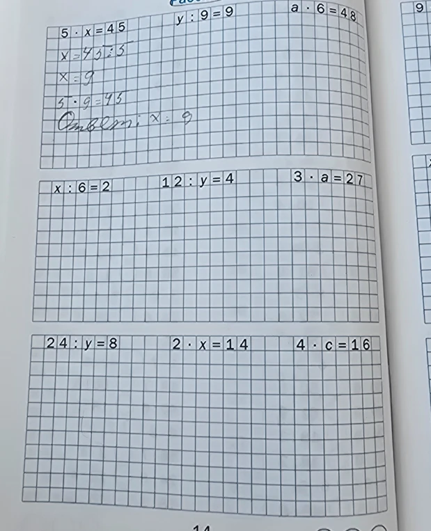 Решите уравнения: y : 9 = 9; a * 6 = 48; x : 6 = 2; 12 : y = 4; 3 * a = 27; 24 : y = 8; 2 * x = 14; 4 * c = 16