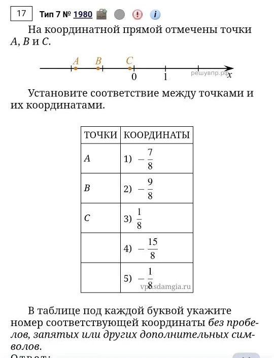На координатной прямой отмечены точки A, B и C. Установите соответствие между точками и их координатами.