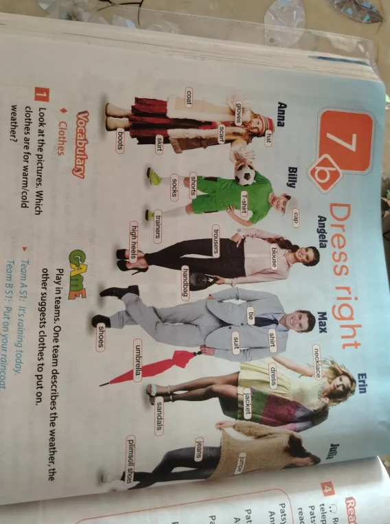 Look at the pictures. Which clothes are for warm/cold weather?