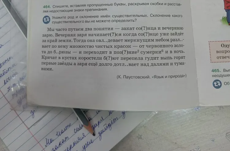 Спишите, вставляя пропущенные буквы, раскрывая скобки и расставляя недостающие знаки препинания. Укажите род и склонение имён существительных. Склонение какого существительного вы не можете определить?