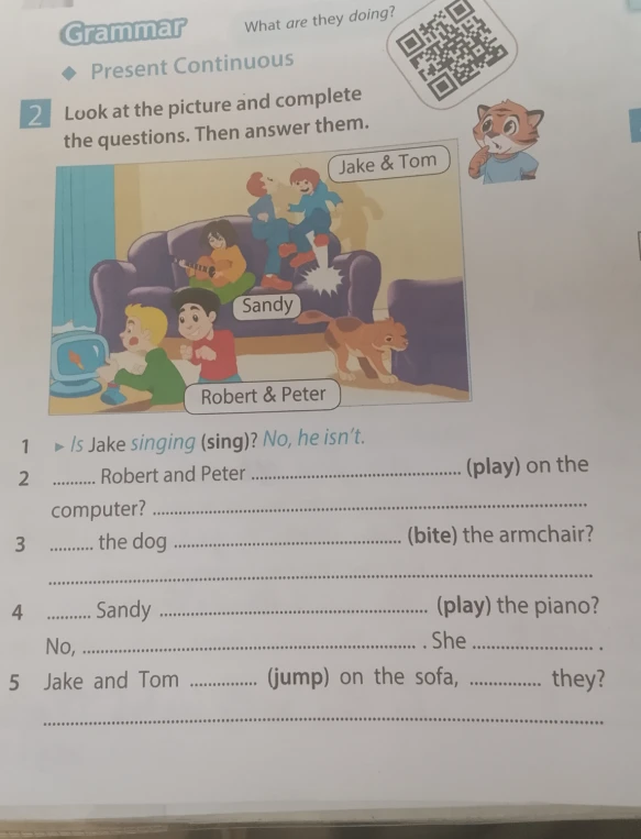 Look at the picture and complete the questions. Then answer them.