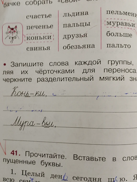 Запишите слова каждой группы, разделяя их чёрточками для переноса. Подчеркните разделительный мягкий знак.