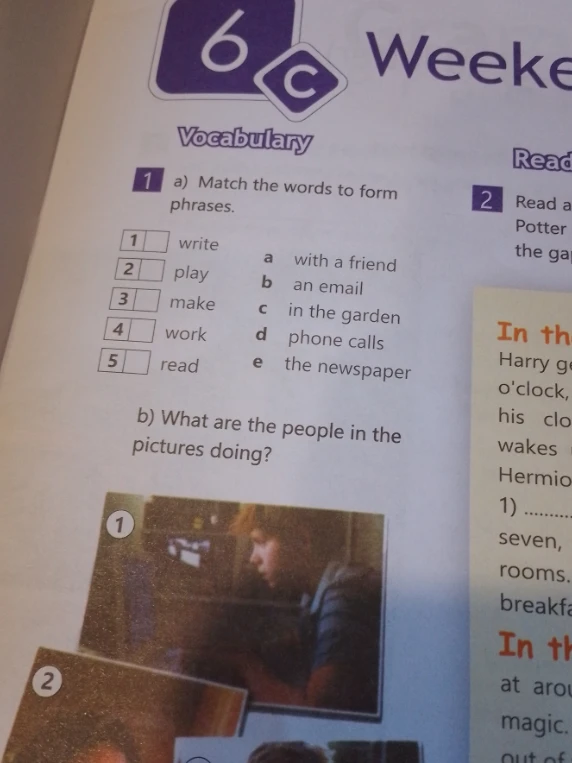 Match the words to form phrases: write, play, make, work, read.