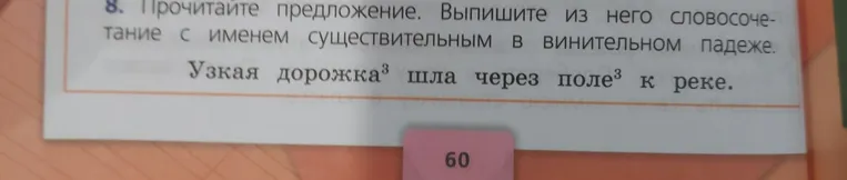 Прочитайте предложение. Выпишите из него словосочетание с именем существительным в винительном падеже. Узкая дорожка³ шла через поле³ к реке.