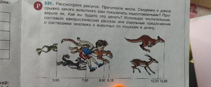 Рассмотрите рисунок. Прочитайте числа. Сведения о длине прыжка какого животного вам показались недостоверными? Проверьте их. Как вы будете это делать? Используя числительные, составьте юмористический рассказ или отдельные предложения о состязании человека и животных по прыжкам в длину.