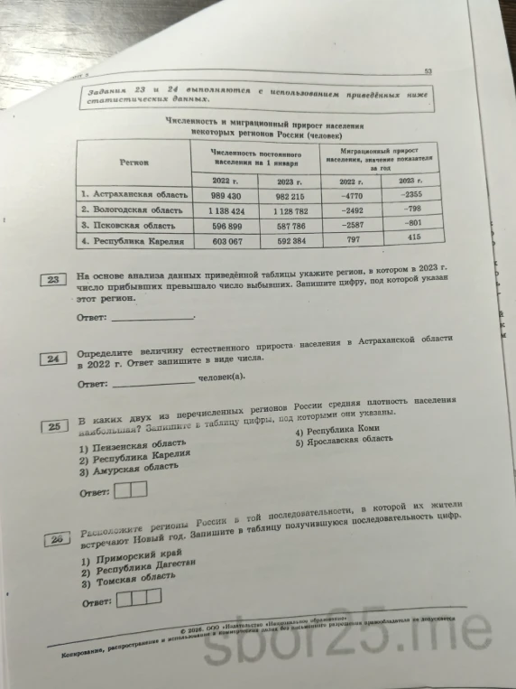 На основе анализа данных приведённой таблицы укажите регион, в котором в 2023 г. число прибывших превышало число выбывших.