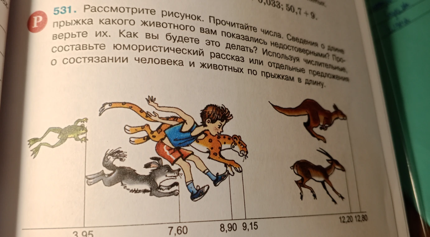 Рассмотрите рисунок. Прочитайте числа. Сведения о длине прыжка какого животного вам показались недостоверными? Проверьте их.