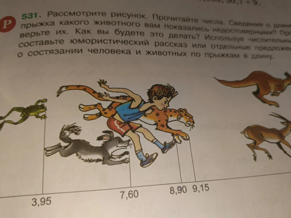 531. Рассмотрите рисунок. Прочитайте числа. Сведения о длине прыжка какого животного вам показались недостоверными? Проверьте их. Как вы будете это делать? Используя числительные составьте юмористический рассказ или отдельные предложения о состязании человека и животных по прыжкам в длину.