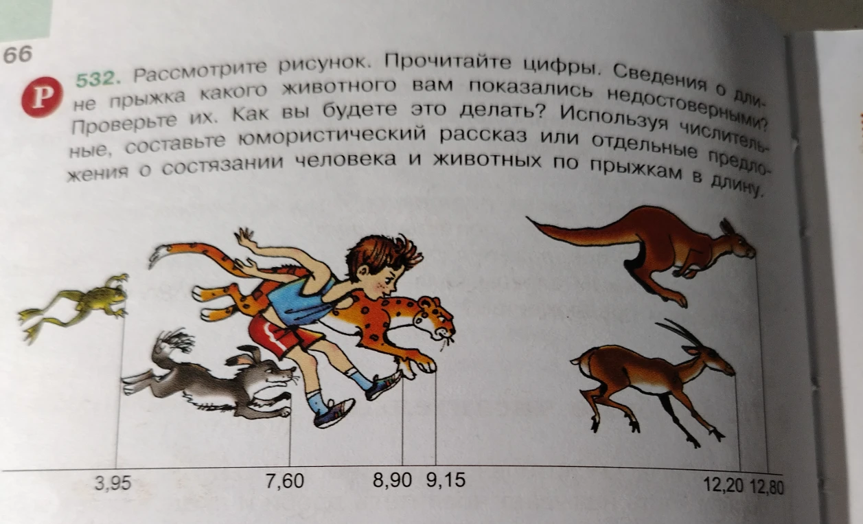 Рассмотрите рисунок. Прочитайте цифры. Сведения о длине прыжка какого животного вам показались недостоверными?