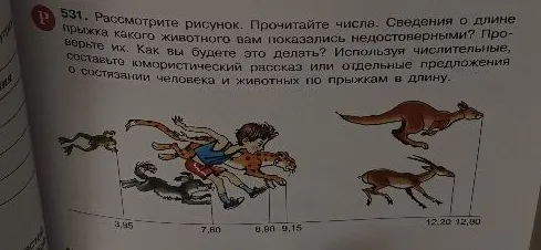 Рассмотрите рисунок. Прочитайте числа. Сведения о длине прыжка какого животного вам показались недостоверными? Проверьте их. Как вы будете это делать? Используя числительные, составьте юмористический рассказ или отдельные предложения о состязании человека и животных по прыжкам в длину.