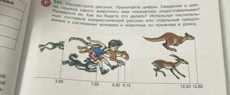 Рассмотрите рисунок. Прочитайте цифры. Сведения о длине прыжка какого животного вам показались недостоверными? Проверьте их. Используя числительные, составьте юмористический рассказ или отдельные предложения о состязании человека и животных по прыжкам в длину.