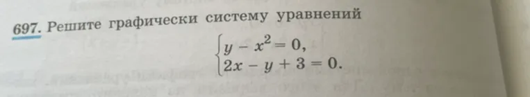 697. Решите графически систему уравнений { y - x² = 0, 2x - y + 3 = 0.