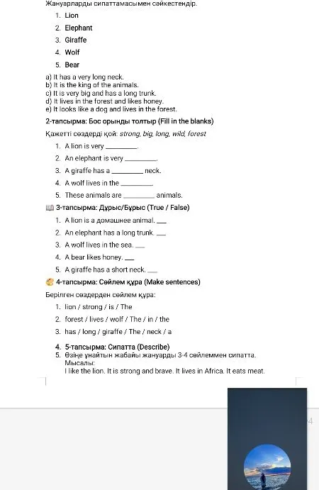 Жануарларды сипаттамасымен сәйкестендір. 1. Lion 2. Elephant 3. Giraffe 4. Wolf 5. Bear