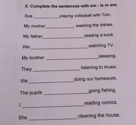II. Complete the sentences with am - is or are.