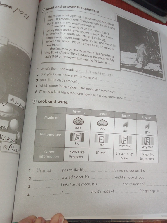 Read and answer the questions. Look and write.