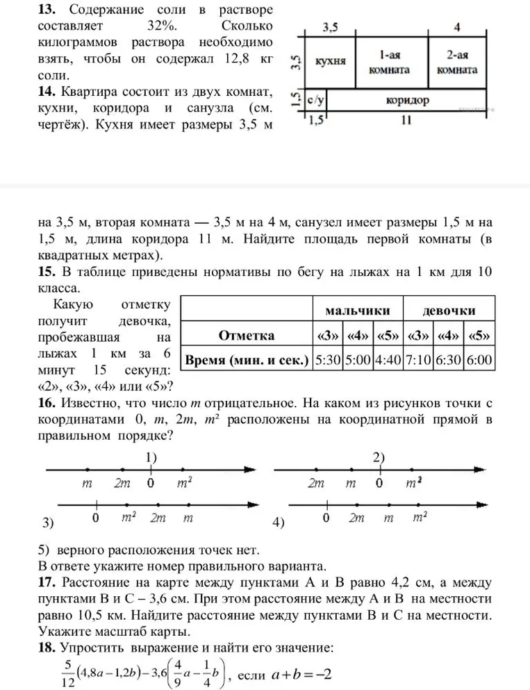 13. Содержание соли в растворе составляет 32%. Сколько килограммов раствора необходимо взять, чтобы он содержал 12,8 кг соли. 14. Квартира состоит из двух комнат, кухни, коридора и санузла. 15. В таблице приведены нормативы по бегу на лыжах. 16. Известно, что число m отрицательное. 17. Расстояние на карте между пунктами А и В равно 4,2 см. 18. Упростить выражение и найти его значение.