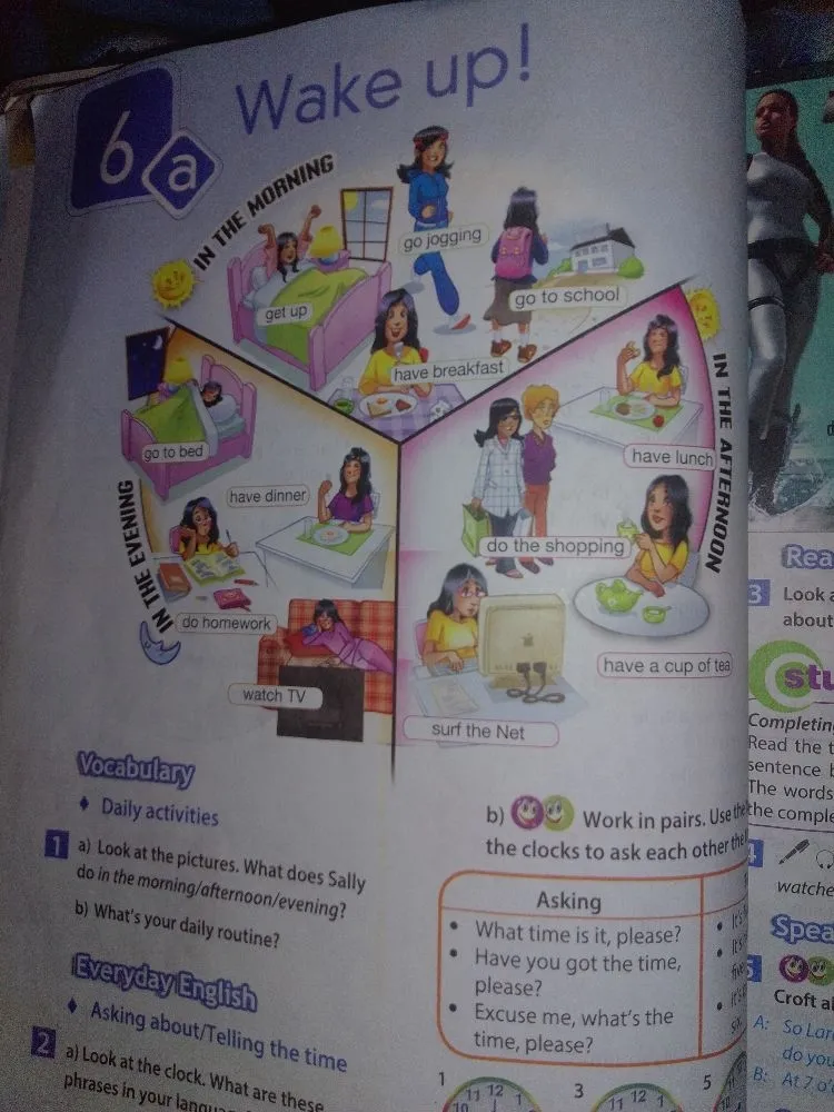 Look at the pictures. What does Sally do in the morning/afternoon/evening?