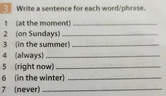 Write a sentence for each word/phrase: at the moment, on Sundays, in the summer, always, right now, in the winter, never.