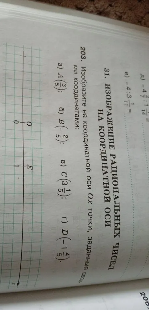 203. Изобразите на координатной оси Ox точки, заданные своими координатами: а) A(3/5); б) B(-2/5); в) C(3 1/5); г) D(-1 4/5).