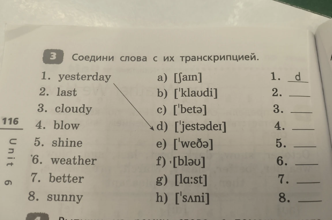 Соедини слова с их транскрипцией: 1. yesterday, 2. last, 3. cloudy, 4. blow, 5. shine, 6. weather, 7. better, 8. sunny.