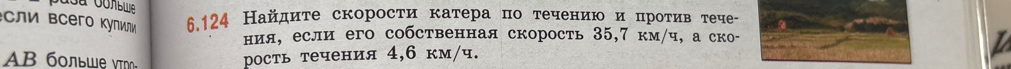 Найдите скорости катера по течению и против течения, если его собственная скорость 35,7 км/ч, а скорость течения 4,6 км/ч.