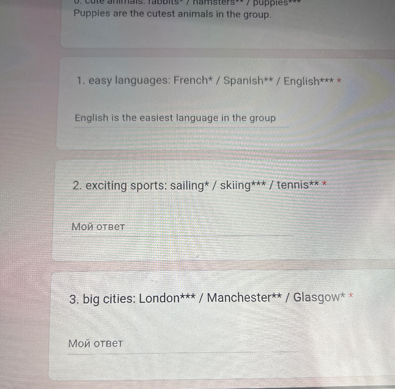 Составьте предложения в превосходной степени сравнения: exciting sports: sailing* / skiing*** / tennis**; big cities: London*** / Manchester** / Glasgow*