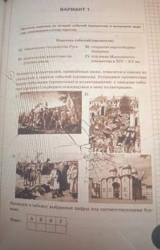 Установите соответствие между событиями (процессами) и иллюстрациями: А) образование государства Русь, Б) открытие европейцами Америки, В) монгольское нашествие на русские земли, Г) усиление Московского княжества в XIV–XV вв.