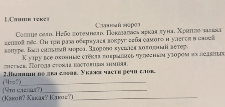 Спиши текст «Славный мороз». Выпиши по два слова на вопросы: Что?, Что сделал?, Какой? Какая? Какое? Укажи части речи.
