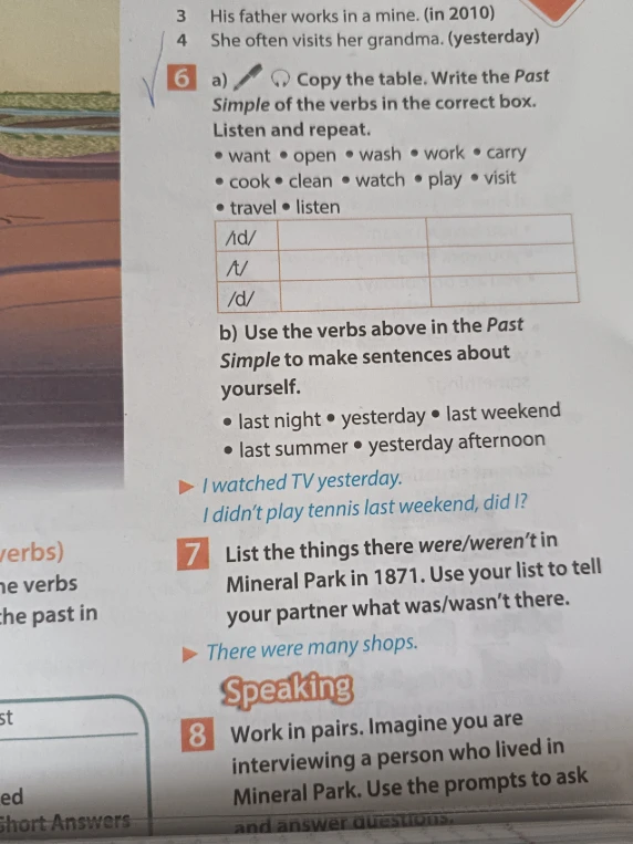 Copy the table. Write the Past Simple of the verbs in the correct box. Use the verbs above in the Past Simple to make sentences about yourself.