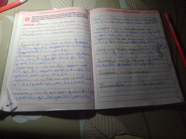 Составь и запиши словосочетания, употребляя местоимения в скобках в нужной падежной форме. Укажи их лицо, число и падеж.