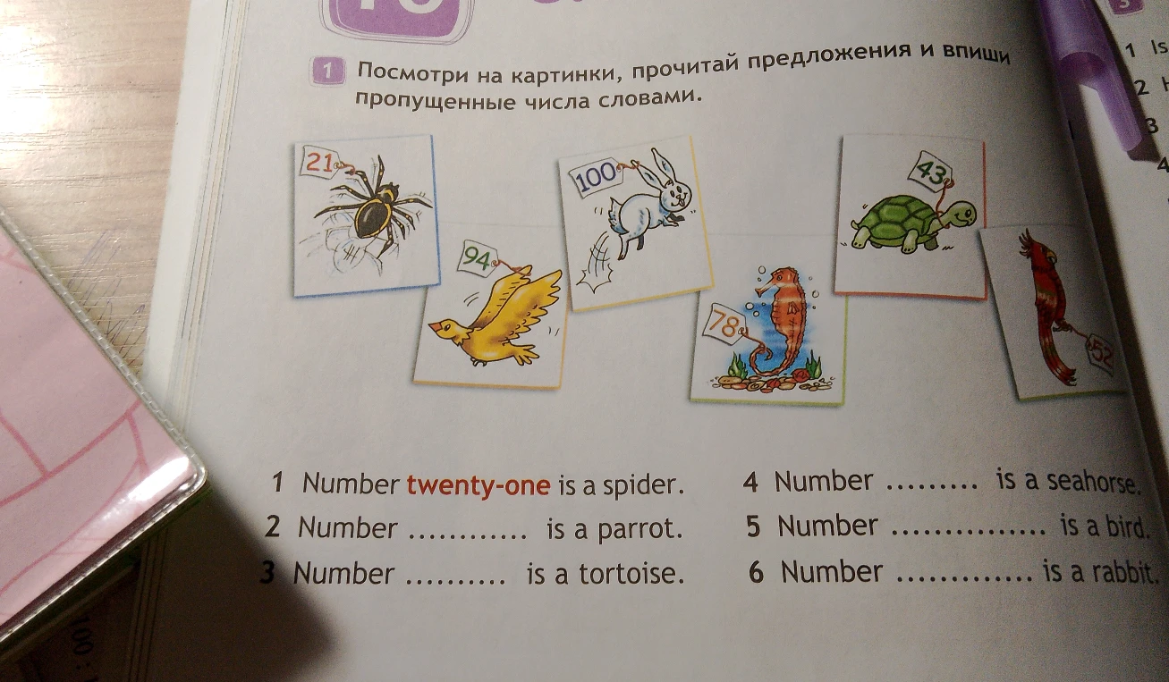 Посмотри на картинки, прочитай предложения и впиши пропущенные числа словами.