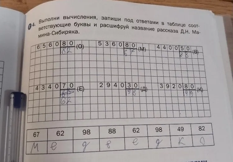 Выполни вычисления, запиши под ответами в таблице соответствующие буквы и расшифруй название рассказа Д.Н. Мамина-Сибиряка.