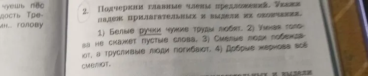 Подчеркни главные члены предложений. Укажи падеж прилагательных и выдели их окончания.