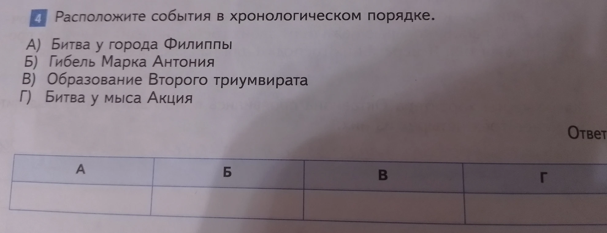 Расположите события в хронологическом порядке: А) Битва у города Филиппы, Б) Гибель Марка Антония, В) Образование Второго триумвирата, Г) Битва у мыса Акция