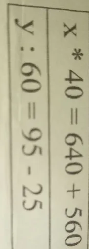 Решите уравнения: x * 40 = 640 + 560 и y : 60 = 95 - 25